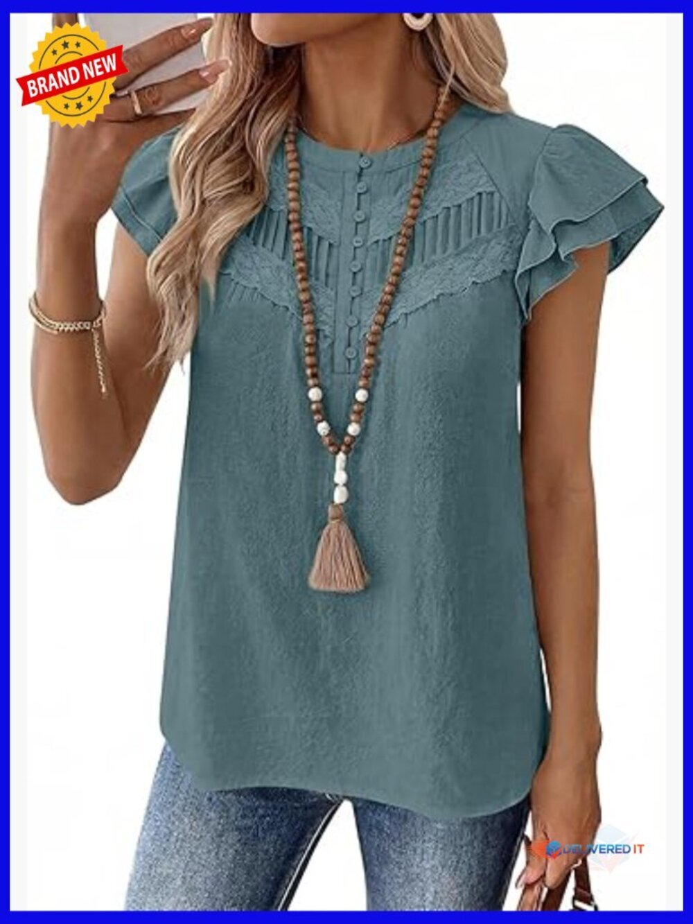 Boho Ruffle Cap Sleeve Blouse Lace Split Neck Top Casual